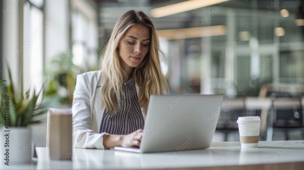 Fototapeta premium focused woman is working on laptop in modern office environment, surrounded by plants and coffee. Her concentration reflects productive atmosphere