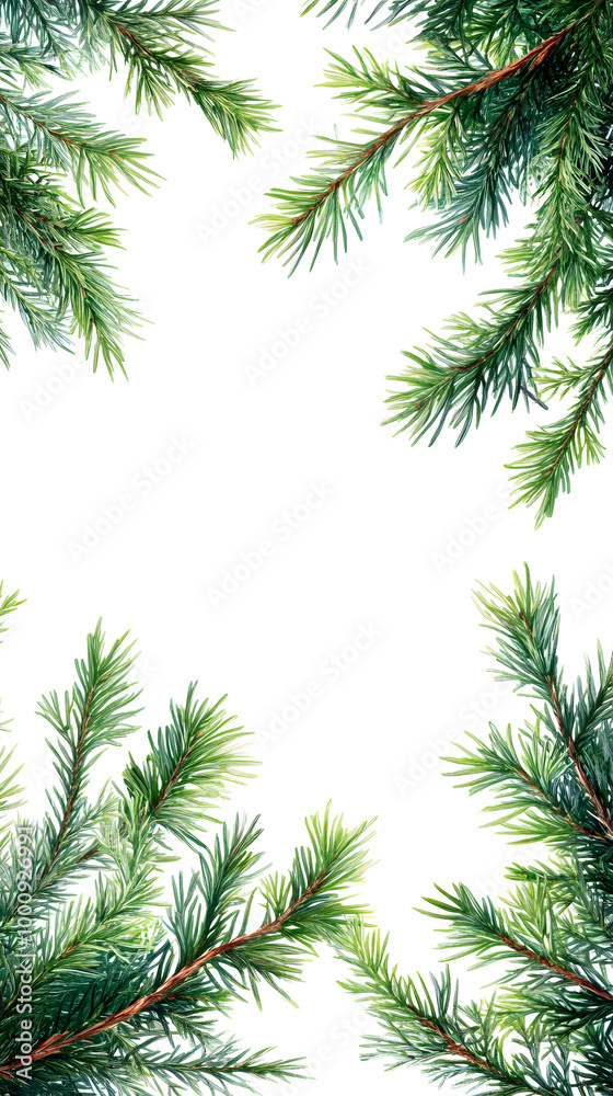 Decorative border frame with evergreen pine branches isolated on white background with copy space for text Decorative border frame with evergreen pine branches isolated on white background with copy space for text