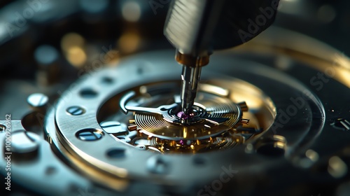 A watchmaker is using a screwdriver to work on the intricate gears of a watch. photo