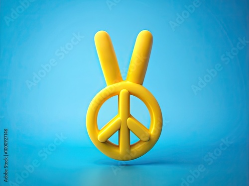 A bright yellow peace sign, formed by two fingers, stands out against a soft blue background, conveying a sense of serenity and harmony. photo