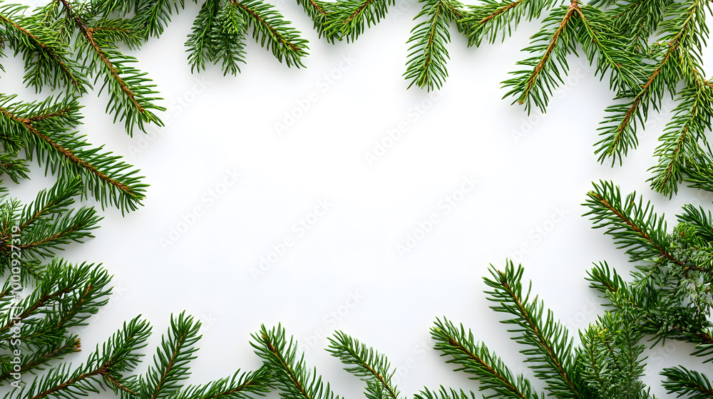 Decorative border frame with evergreen pine branches isolated on white background with copy space for text Decorative border frame with evergreen pine branches isolated on white background with copy space for text