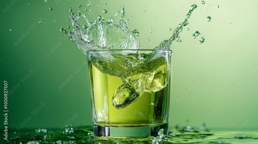 Green Tea Splashing in a Glass, Capturing the Moment of Impact Against a Green Background
