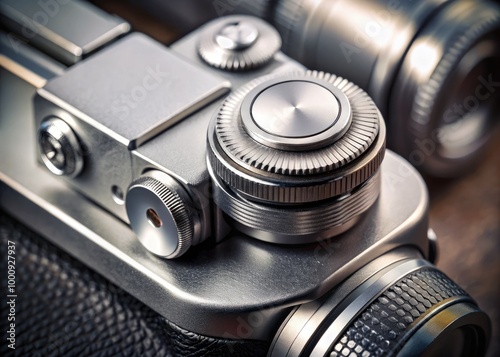 A close-up shot of a silver camera shutter release button, partially pressed, with a blurred background, emphasizing the mechanical detail of photography equipment.