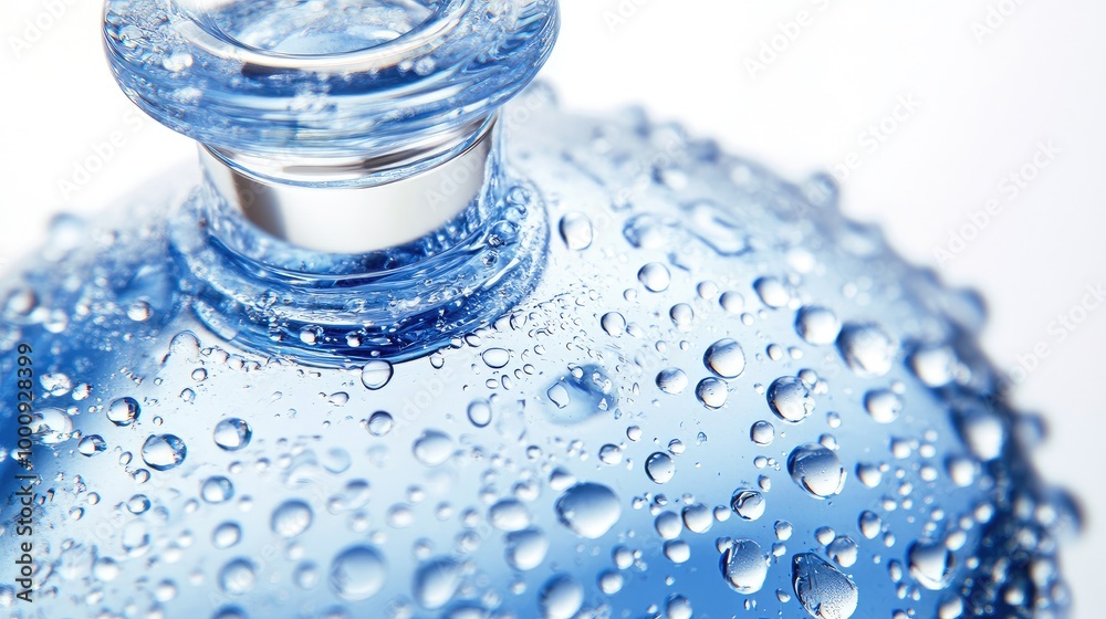 Close-up of a luxury perfume bottle with water droplets glistening on the packaging, set against a bright white background for an elegant and fresh look. Close-up of a luxury perfume bottle with water droplets glistening on the packaging, set against a bright white background for an elegant and fresh look.