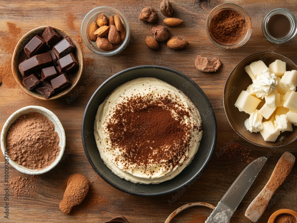 Fototapeta premium Tiramisu Ingredients Arranged on Wooden Surface, Featuring Fresh Cream, Chocolate, Almonds and Cocoa Powder