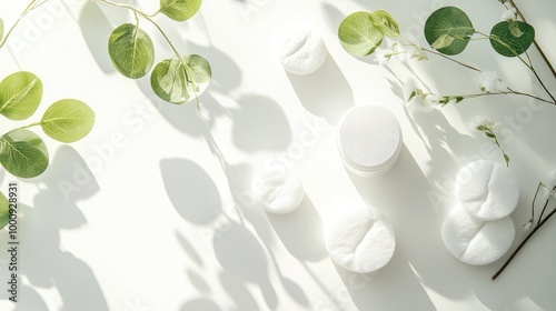 Close-up of cleansing product packaging with cotton pads beside it, water mist giving a cool, fresh effect, arranged on a bright white background.