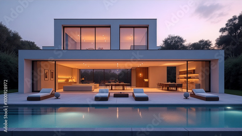 Large, modern house with a pool and a large open living room