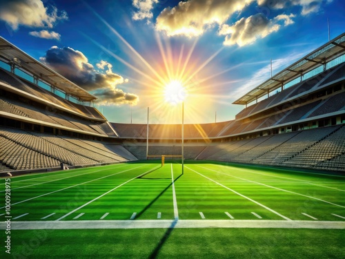 A deserted, sun-kissed gridiron stadium with lush green grass, bright white yard lines, and vibrant goalposts stands ready for the next big game. photo