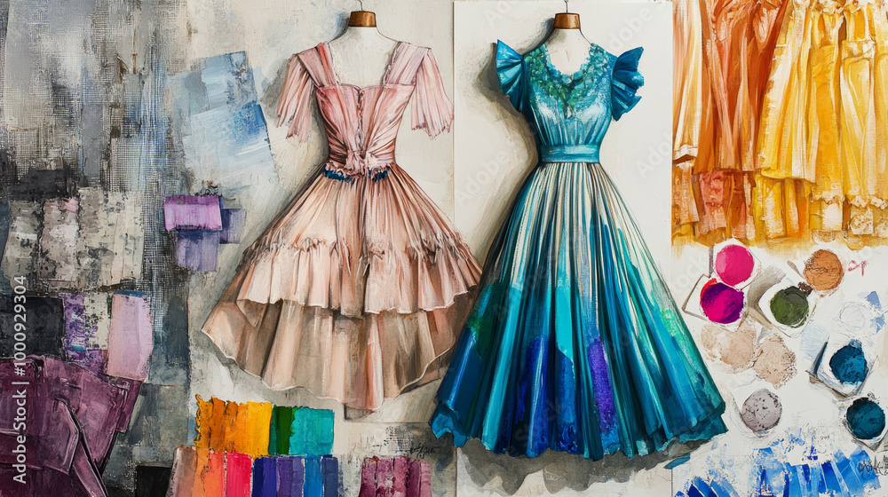 Depict a fashion design palette with colors and fabric swatches used in clothing design. Include sketches of garments or accessories, showing how color palettes influence fashion and style choices. Depict a fashion design palette with colors and fabric swatches used in clothing design. Include sketches of garments or accessories, showing how color palettes influence fashion and style choices.