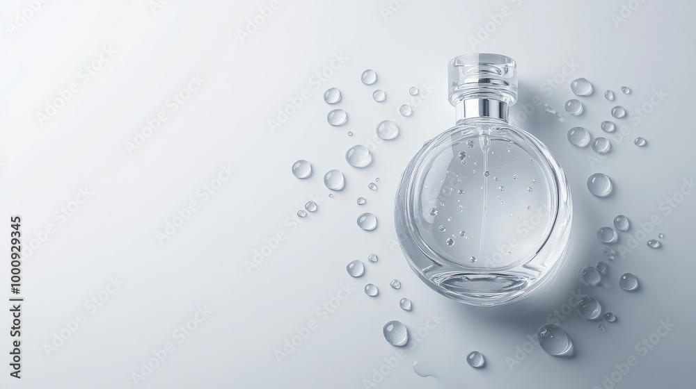 Close-up of minimalist perfume bottle with delicate water droplets scattered around, arranged on a white background for a fresh, modern look.