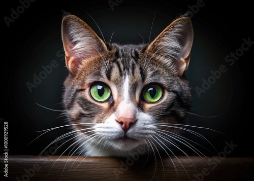 Adorable curious cat with bright green eyes peers out from a dark mysterious black background, whiskers twitching, highlighting its natural feline curiosity and elegance.