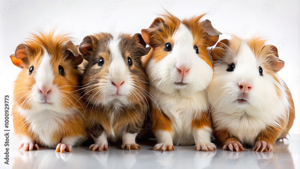 Adorable guinea pigs in various poses and angles on a soft, white background, showcasing their furry bodies, twitching whiskers, and cute expressions. Adorable guinea pigs in various poses and angles on a soft, white background, showcasing their furry bodies, twitching whiskers, and cute expressions.