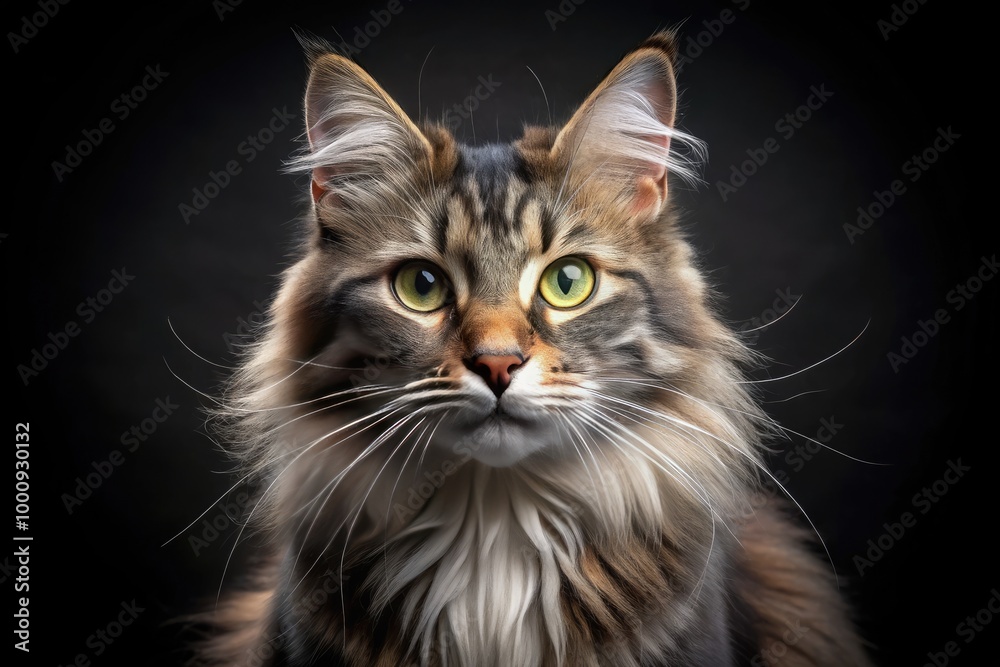 Adorable whiskered feline with shimmering eyes and soft fur poses elegantly on a sleek black background, highlighting its natural beauty and mystique. Adorable whiskered feline with shimmering eyes and soft fur poses elegantly on a sleek black background, highlighting its natural beauty and mystique.