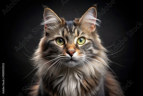 Adorable whiskered feline with shimmering eyes and soft fur poses elegantly on a sleek black background, highlighting its natural beauty and mystique.