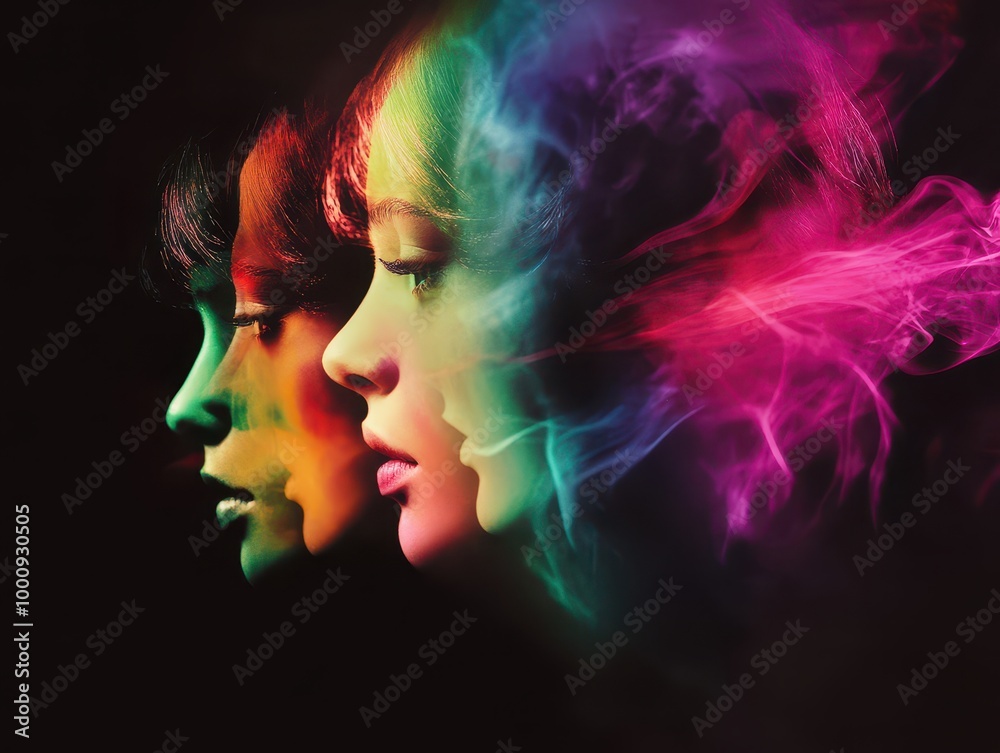 A vibrant artistic portrayal of two faces merging with colorful smoke, illustrating themes of identity and expression. A vibrant artistic portrayal of two faces merging with colorful smoke, illustrating themes of identity and expression.