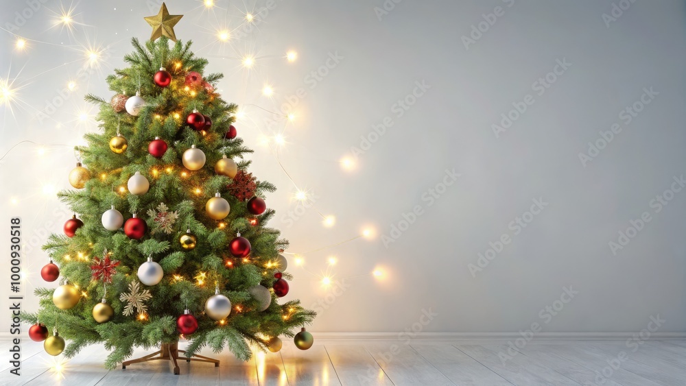 A festive and serene Christmas tree adorned with twinkling lights, ornaments, and garlands, set against a soft white background, perfect for holiday desktop wallpapers. A festive and serene Christmas tree adorned with twinkling lights, ornaments, and garlands, set against a soft white background, perfect for holiday desktop wallpapers.