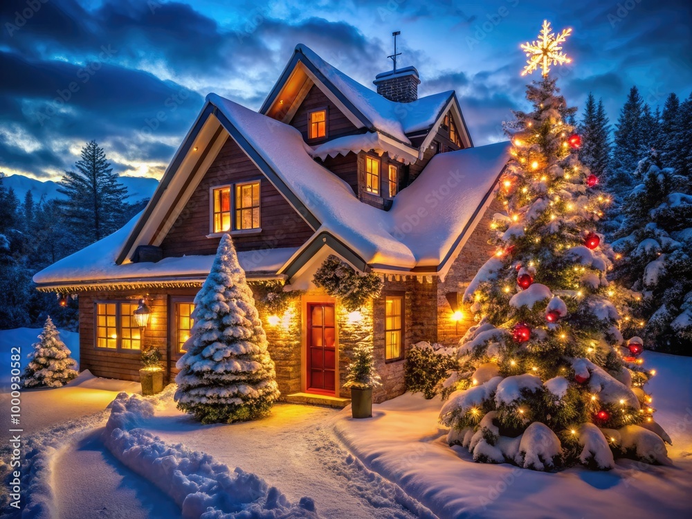 A festive holiday house with Christmas decorations, snow-covered roof, and a decorated Christmas tree are beautifully illuminated with twinkling lights, garlands, and ornaments. A festive holiday house with Christmas decorations, snow-covered roof, and a decorated Christmas tree are beautifully illuminated with twinkling lights, garlands, and ornaments.