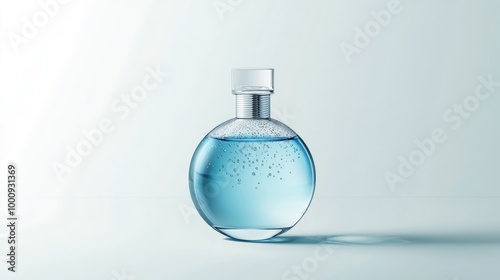 Illustration of minimalist perfume bottle with subtle water droplets, placed on a white background for a refined, fresh, and simple aesthetic.