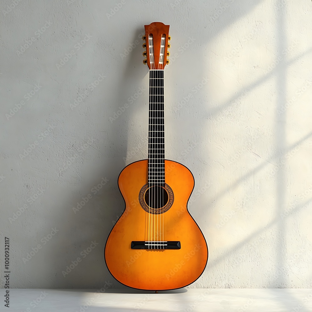 Naklejka premium An acoustic guitar leaning against a white wall, where light and shadow create subtle drama.