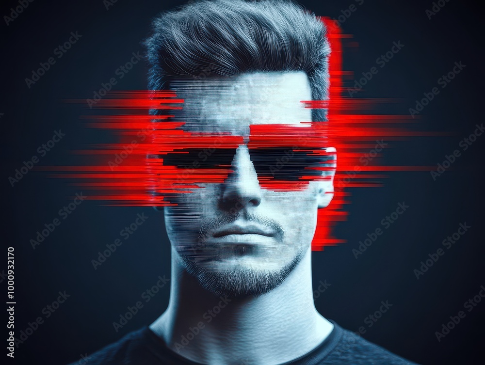 A futuristic portrait of a man wearing digital sunglasses, featuring glitch effects and a dark background, creating a striking visual impact. A futuristic portrait of a man wearing digital sunglasses, featuring glitch effects and a dark background, creating a striking visual impact.