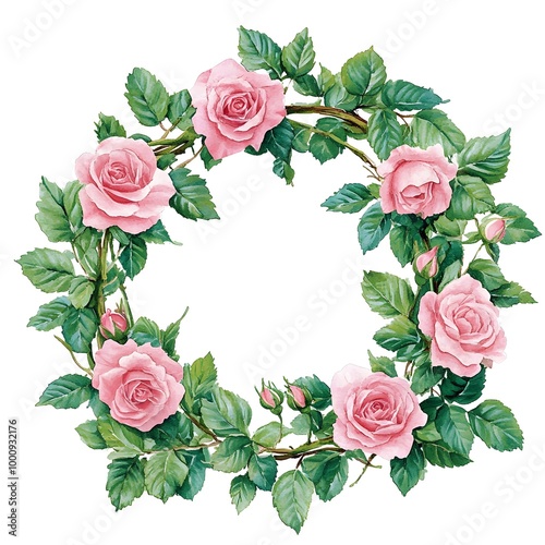 A watercolor wreath of pink roses and green leaves, vector illustration on a white background, Generative AI 