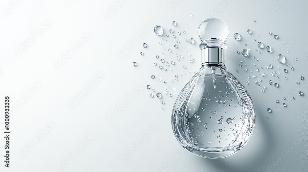Luxury perfume bottle with scattered water droplets on a sleek surface, displayed on a white background for a refreshing, high-end appeal. Luxury perfume bottle with scattered water droplets on a sleek surface, displayed on a white background for a refreshing, high-end appeal.