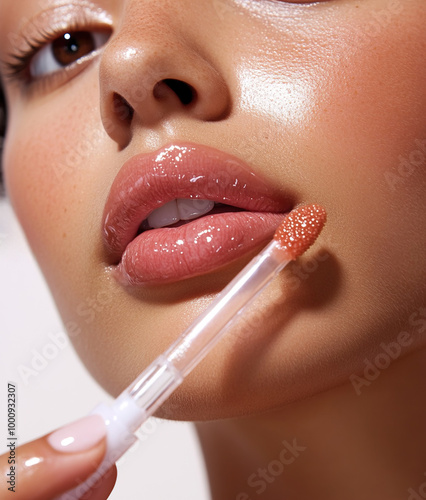 Young beautiful woman applying a lipgloss