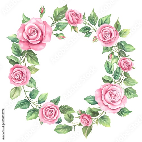 A watercolor wreath of pink roses and green leaves, vector illustration on a white background, Generative AI 