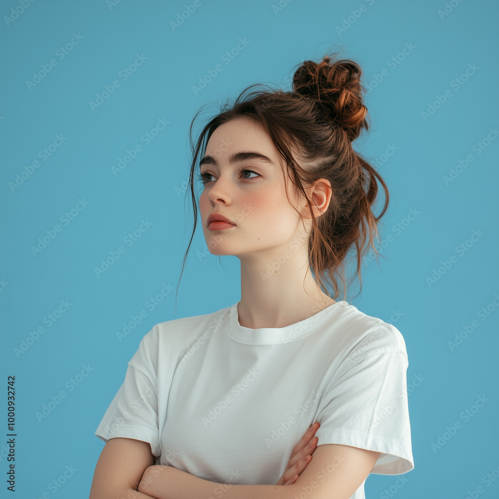 Confident young lady looking away, standing with crossed arms isolated on blue Confident young lady looking away, standing with crossed arms isolated on blue