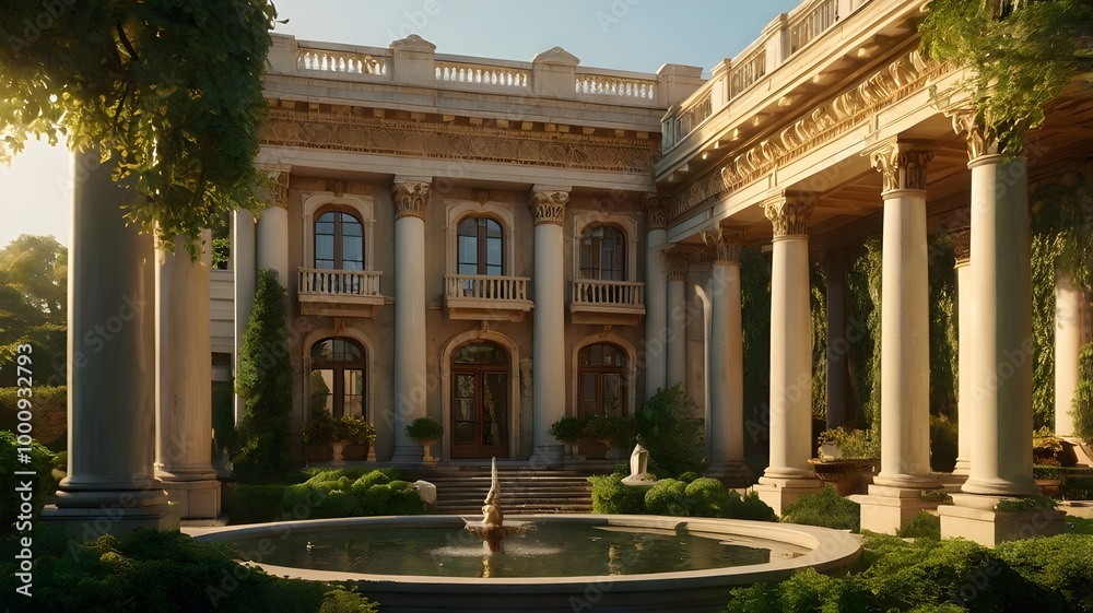 Obraz premium Ancient mansion featuring a grand water fountain and a lush garden, showcasing a rich antique design with columns, reminiscent of a historical Italian villa