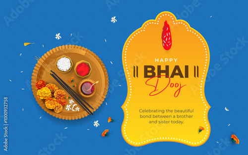 Happy Bhai Dooj Greeting Template with Decorative Ornaments, Bhai Tika, Indian Religious Festival Bhai Dooj Wishes Background