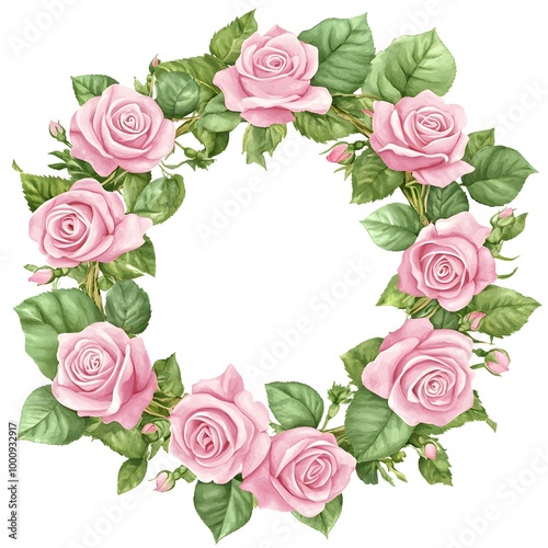 A watercolor wreath of pink roses and green leaves, vector illustration on a white background, Generative AI 