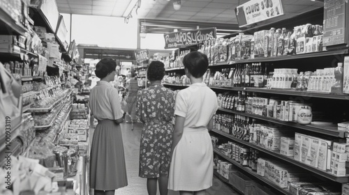 Three women shopping in a grocery store aisle, black and white photo, vertical. The women are of mixed ethnicities, two with short hair and one with curly hair, dressed in vintage clothing, looking at photo