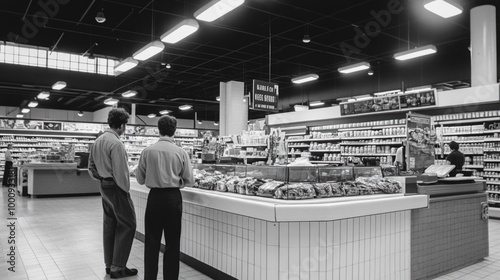 Two men in a grocery store standing near the deli counter, viewed from behind, in a bright, spacious environment, black and white vertical photo.
Grocery shopping, supermarket interaction, customer se