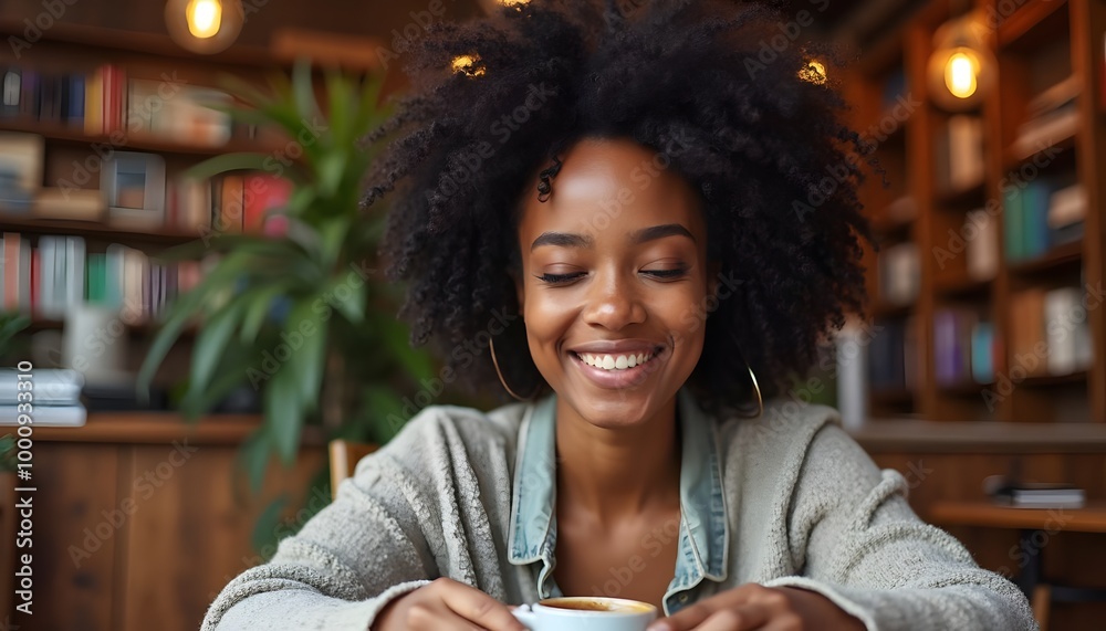 Happy Woman Drinking Coffee in a Cafe. Happy Woman Drinking Coffee in a Cafe.