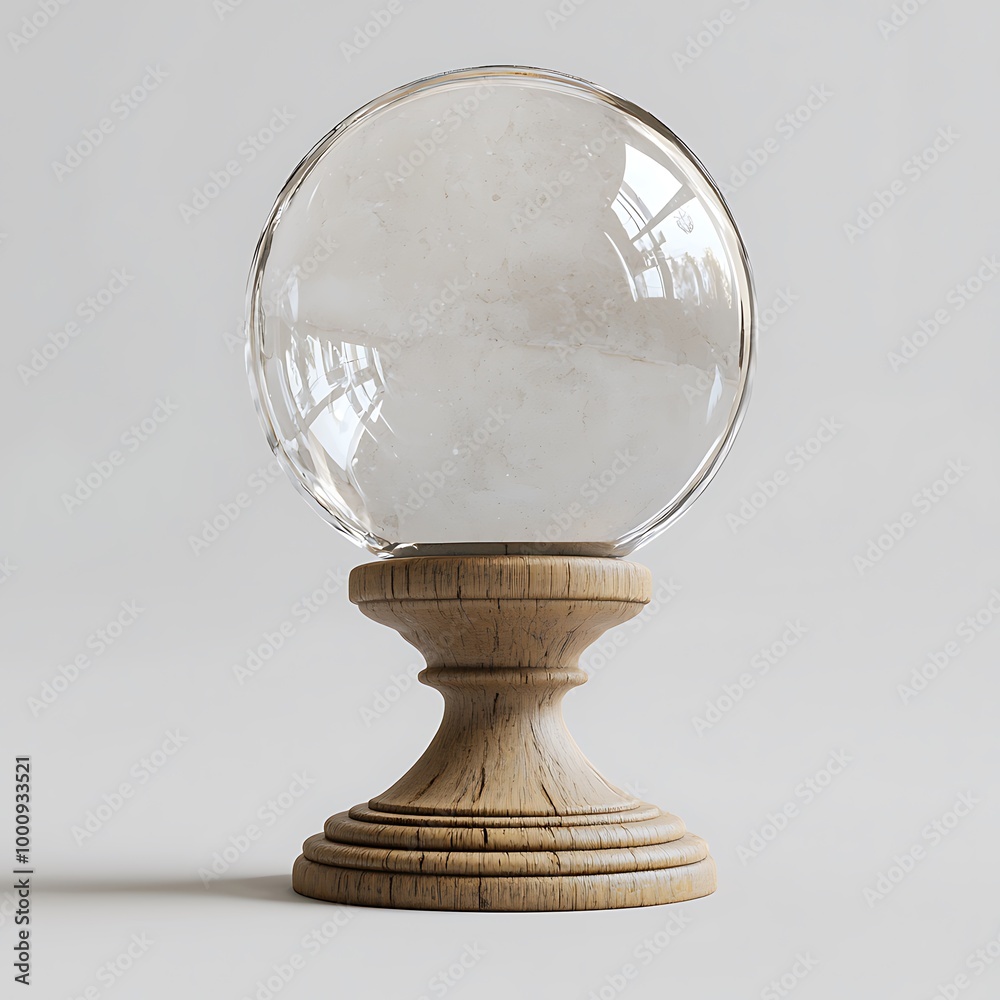 A clear glass ball perched on a wooden stand, an object of mystical beauty and fortune-telling. A clear glass ball perched on a wooden stand, an object of mystical beauty and fortune-telling.