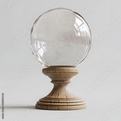 A clear glass ball perched on a wooden stand, an object of mystical beauty and fortune-telling. photo