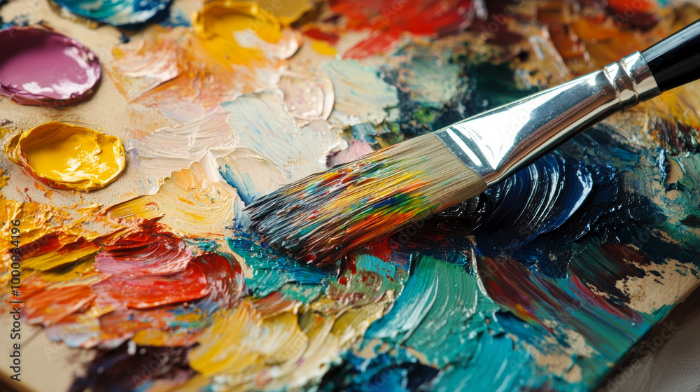 Here is a traditional artist's palette with paint smears and a brush, showing vibrant strokes that reflect creativity. Let me know if you'd like any adjustments! Here is a traditional artist's palette with paint smears and a brush, showing vibrant strokes that reflect creativity. Let me know if you'd like any adjustments!