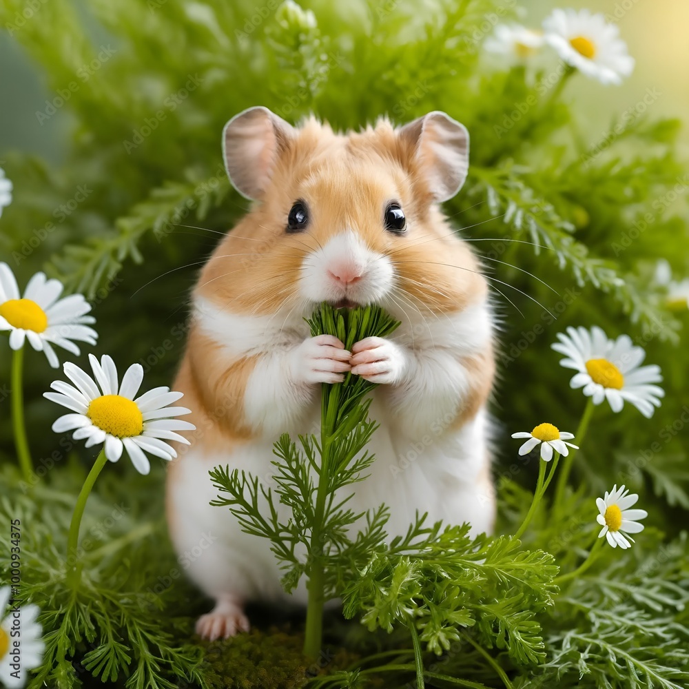 Fototapeta premium Adorable hamster nibbling on greenery surrounded by daisies in a vibrant garden setting 