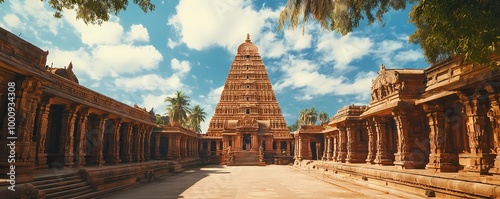 Brihadeeswarar Temple in Thanjavur, showcasing its towering gopuram and the surrounding temple grounds photo