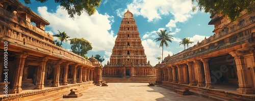 Brihadeeswarar Temple in Thanjavur, showcasing its towering gopuram and the surrounding temple grounds