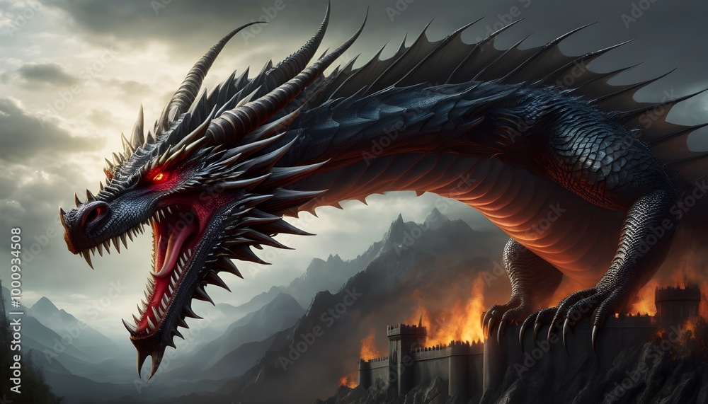 Fierce dragon head with piercing red eyes and menacing sharp teeth ...