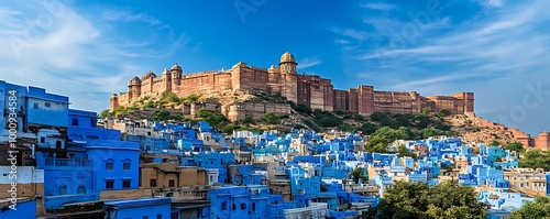 The blue city of Jodhpur, with houses painted in varying shades of blue beneath the mighty Mehrangarh Fort
