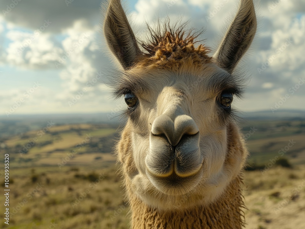 Obraz premium a close-up of a llama's face, showcasing its curious expression and soft fur, with the countryside in the background.