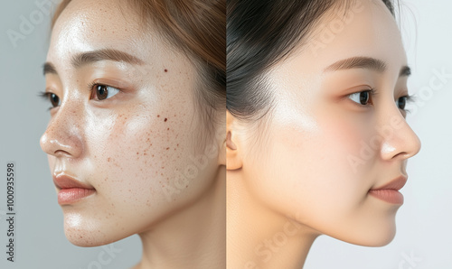 Close-up images of skin improvement before and after treatment, showing acne, freckles, pigmentation, and smooth skin, highlighting beauty, skincare, and dermatological care.