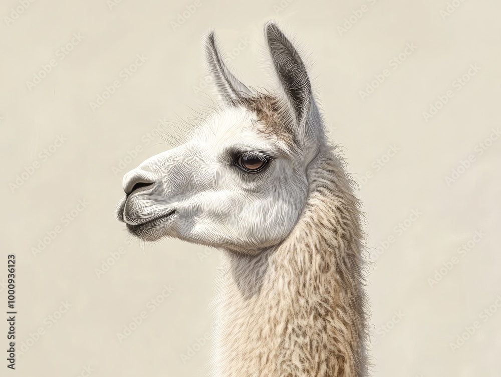 Obraz premium a detailed llama portrait, capturing the texture of its wool and its serene gaze, with a neutral background emphasizing its features.