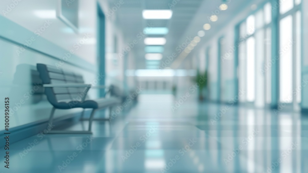 A hospital hallway with a bench in the middle A hospital hallway with a bench in the middle