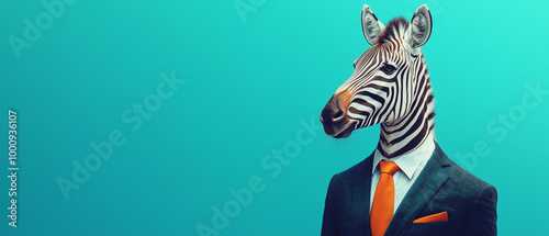 Humorous illustrations of zebras dressed in formal business attire, including suits and ties, standing against a turquoise background. The surreal imagery blends wildlife with a business theme, creati photo