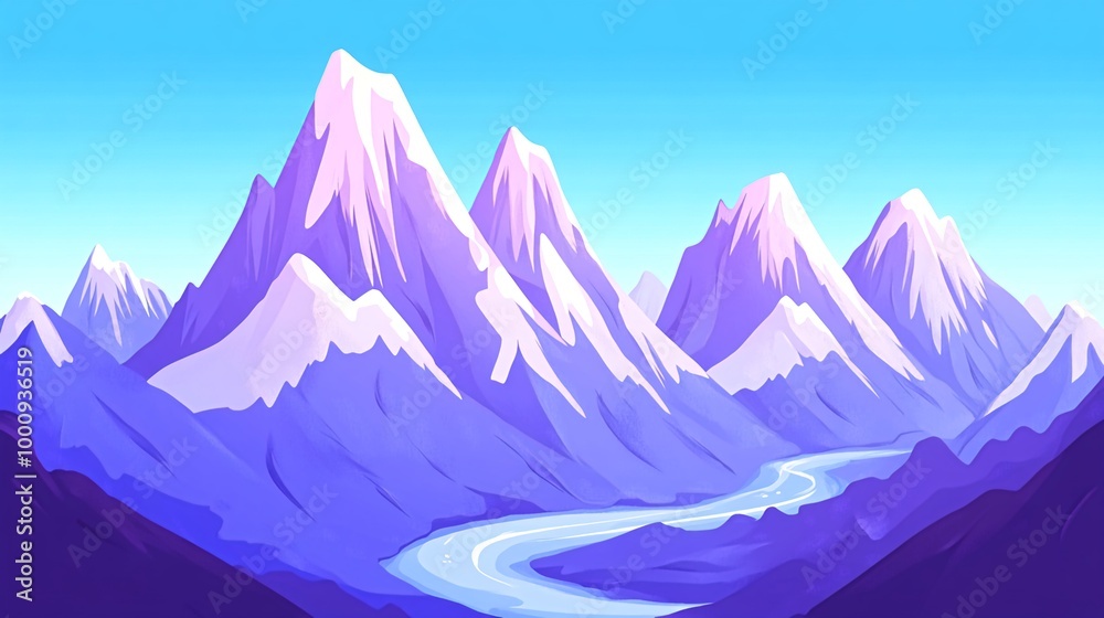 A vibrant illustration of a snow-capped mountain range with a winding river flowing through the valley. A vibrant illustration of a snow-capped mountain range with a winding river flowing through the valley.