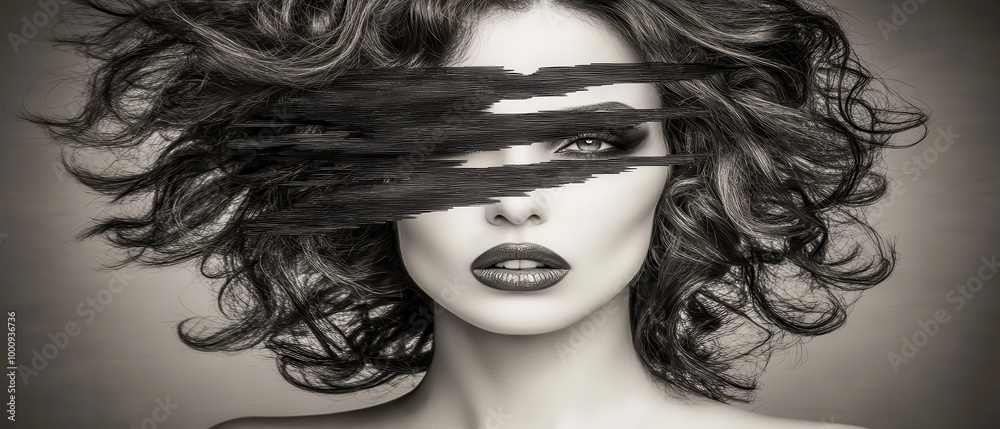 Fototapeta premium A striking black-and-white portrait of a woman with curly hair, obscured eyes, and bold lips, evoking mystery and artistic flair.